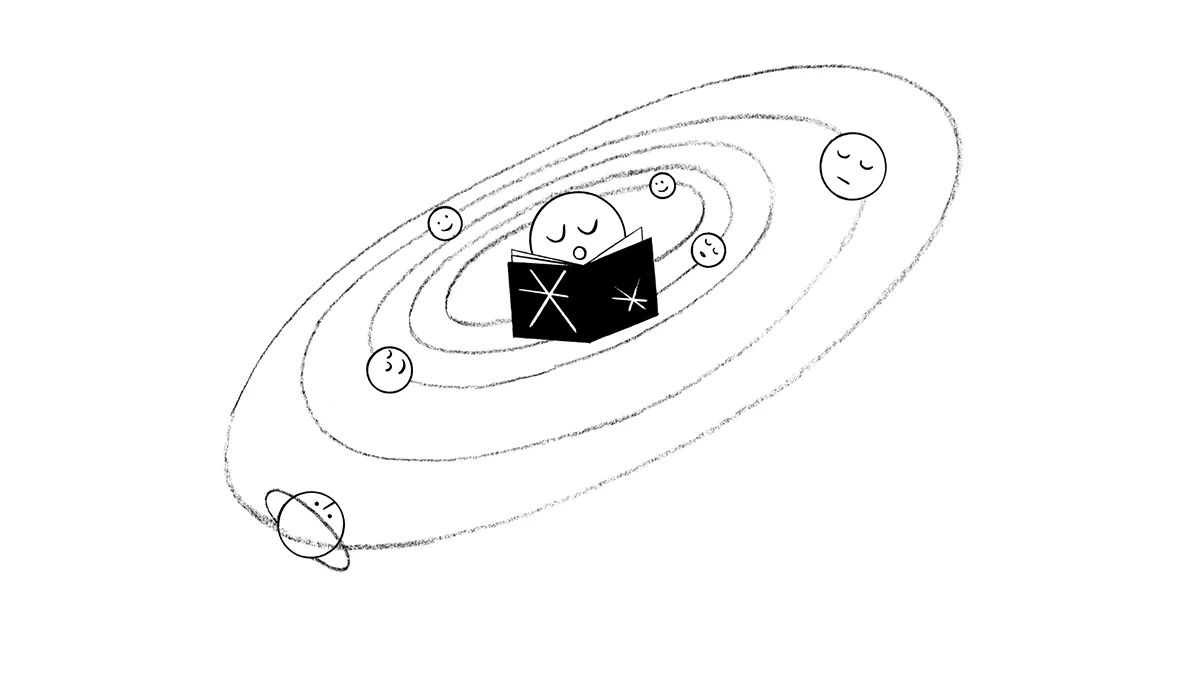 Titebild Schweizer Erzählnacht: ein lesender Smiley im Orbit