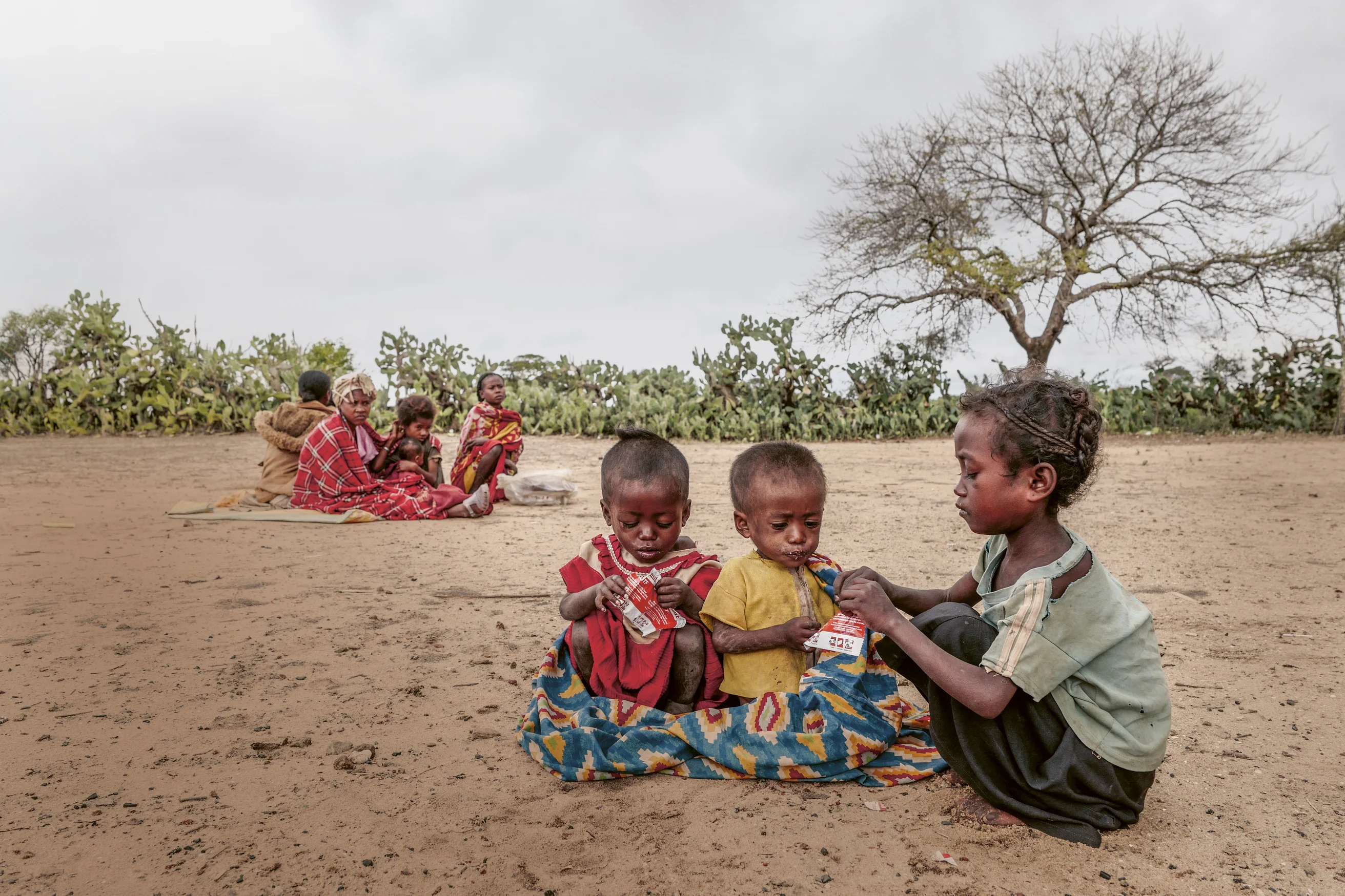 Trois enfants se nourrissant d'aliments thérapeutiques.