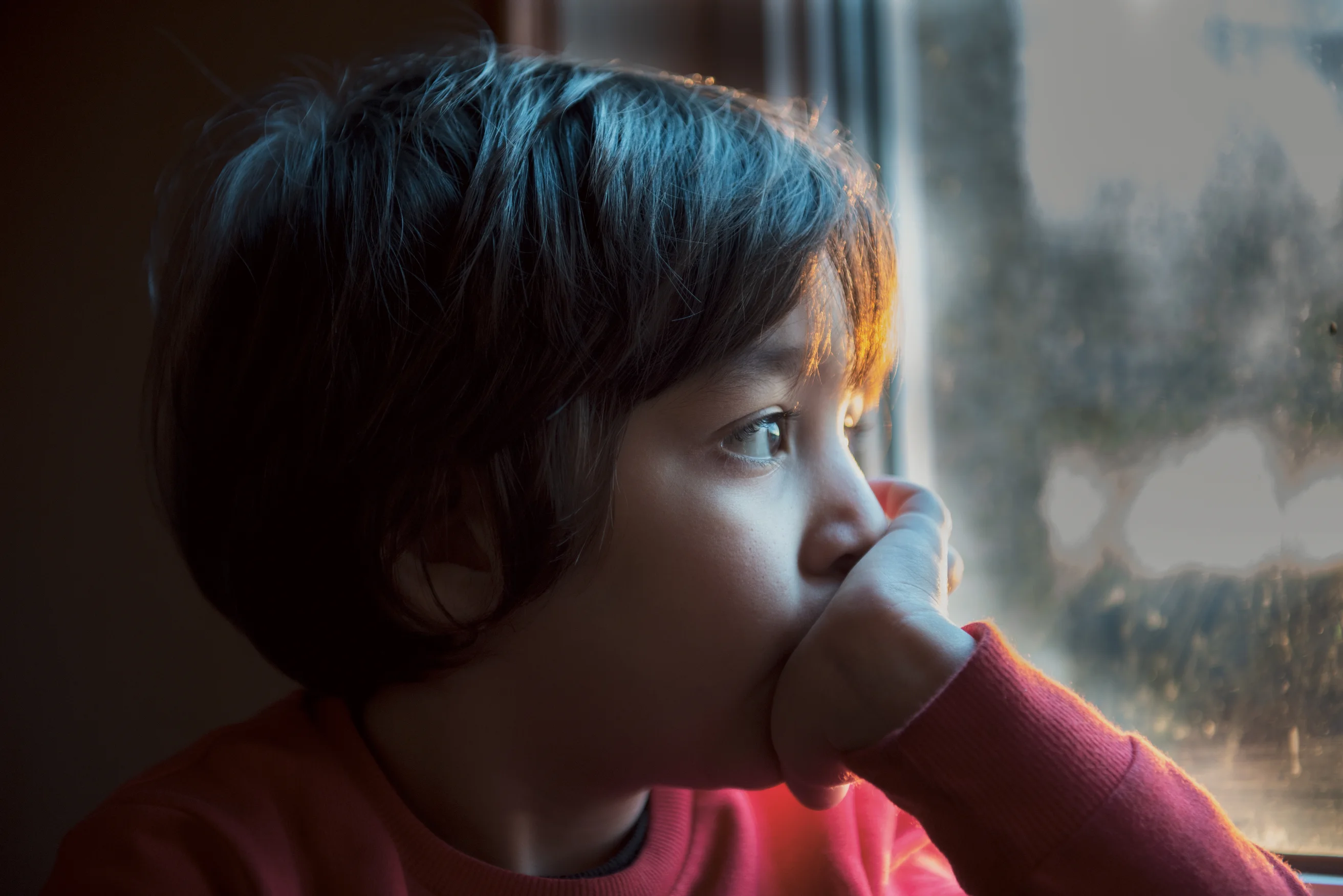 Garçon qui regarde tristement par la fenêtre