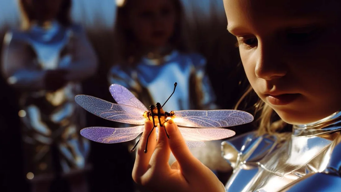 Eine Gruppe von Kindern in futuristischen Anzügen erkundet die Natur.