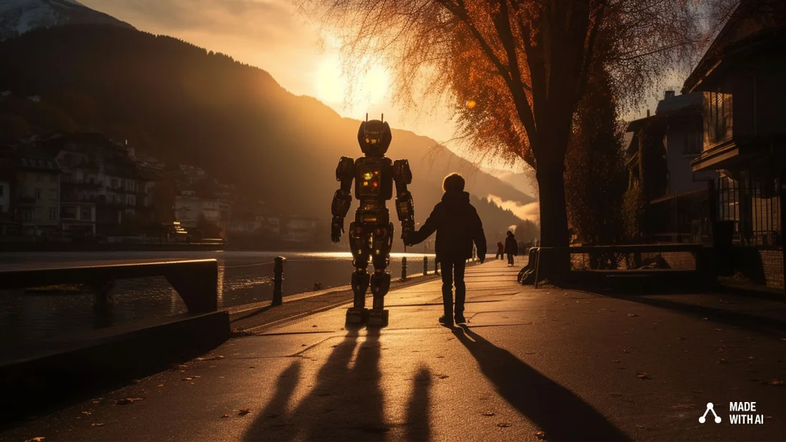 Interlaken bei Sonnenuntergang. Ein Roboter und ein Kind laufen Hand in Hand die Promenade entlang.